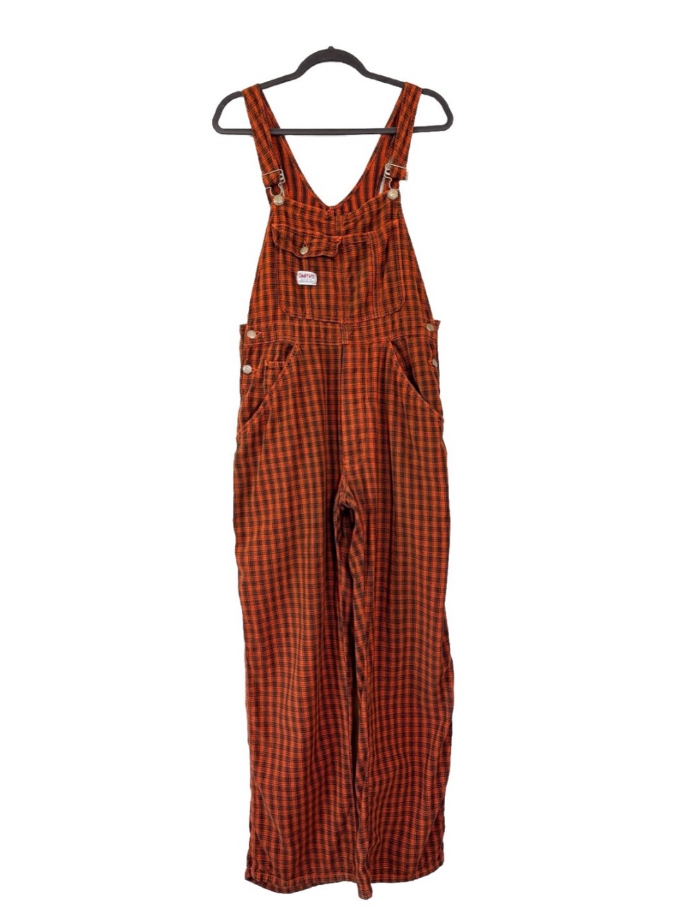 Smith’s Workwear Sandordized Orange and Navy Blue Plaid Overalls Vintage Y2K